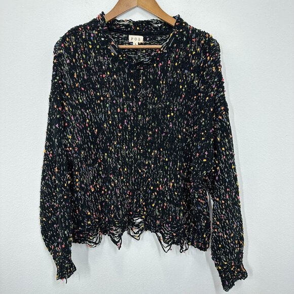 POL Women's Size Large Sweater Black Chenille Loose Knit Speckle Frayed Boho - Picture 1 of 6
